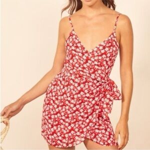 Reformation Red Floral Mini Wrap Dress